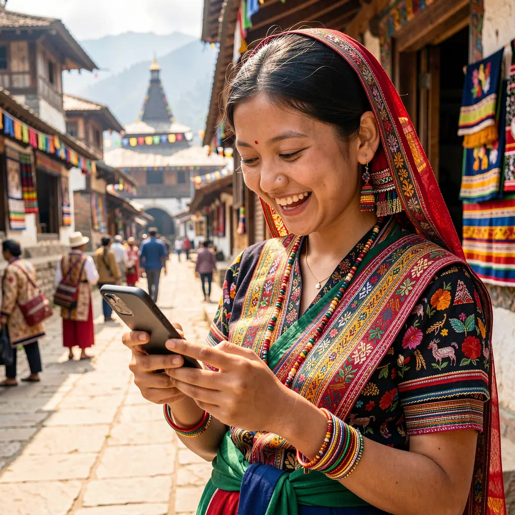 Smiling Nepali woman enjoying mobile gaming with the 333x GAME app while using her smartphone in a colorful cultural setting