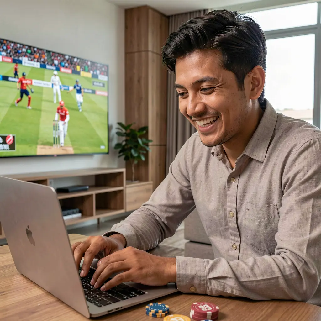 Smiling Nepali sports fan placing live cricket bets on a laptop with 333x GAME while watching a match on TV at home