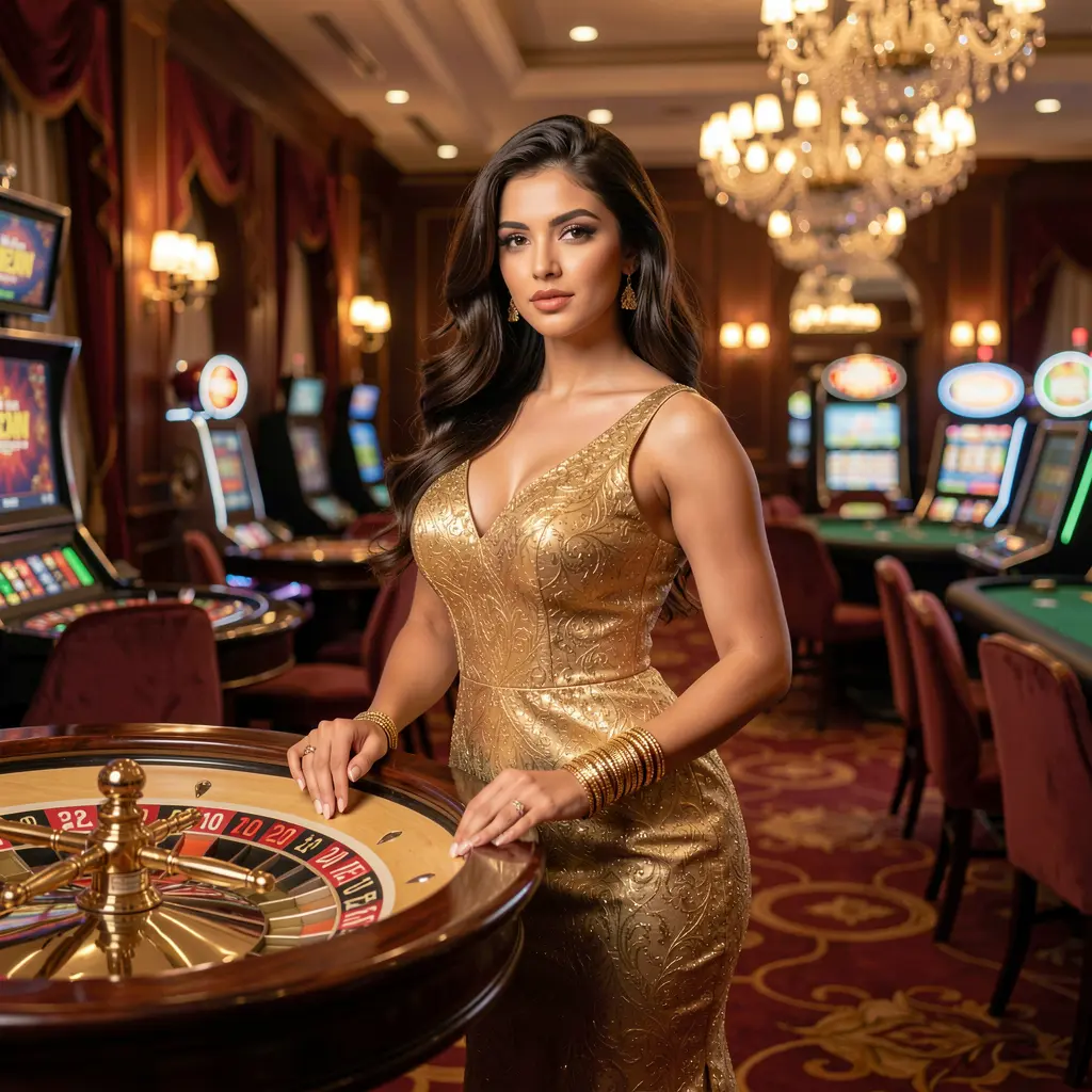 Confident female player enjoying a luxurious casino atmosphere with a roulette table and golden lights at 333x GAME in Nepal