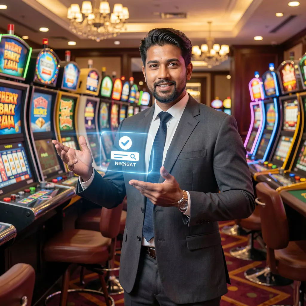 Stylish casino host from Nepal presenting a glowing holographic login button in a vibrant gaming scene symbolizing trusted access at 333x GAME