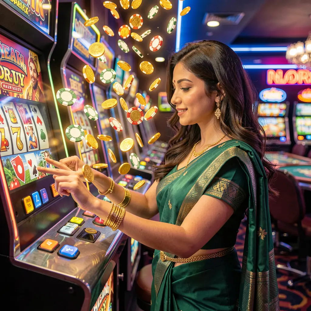 A stylish female player enjoying vibrant slot machine action with flying coins at 333x GAME casino creating an immersive gaming experience for players in Nepal
